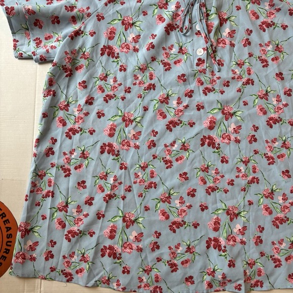 Bloomchic‎ Blue Short Sleeve Blouse Red Floral Tie Button Neck  Sz 18/20 - Picture 2 of 8